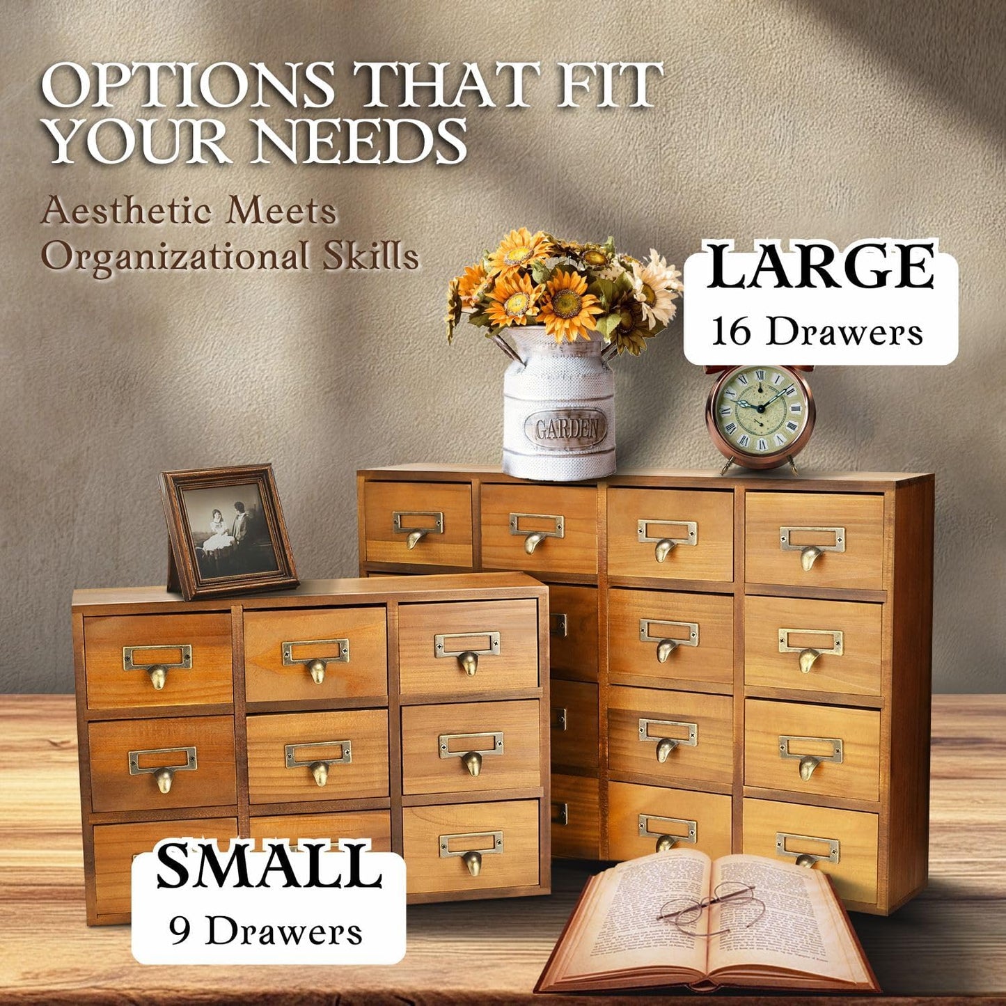 Flexzion Apothecary Cabinet with Drawers - 9 Vintage Apothecary Drawers Desktop Organizer for Home & Office - Wooden Tabletop Library Card Catalog Cabinet Storage for Jewelry, Makeup & Tools, Brown