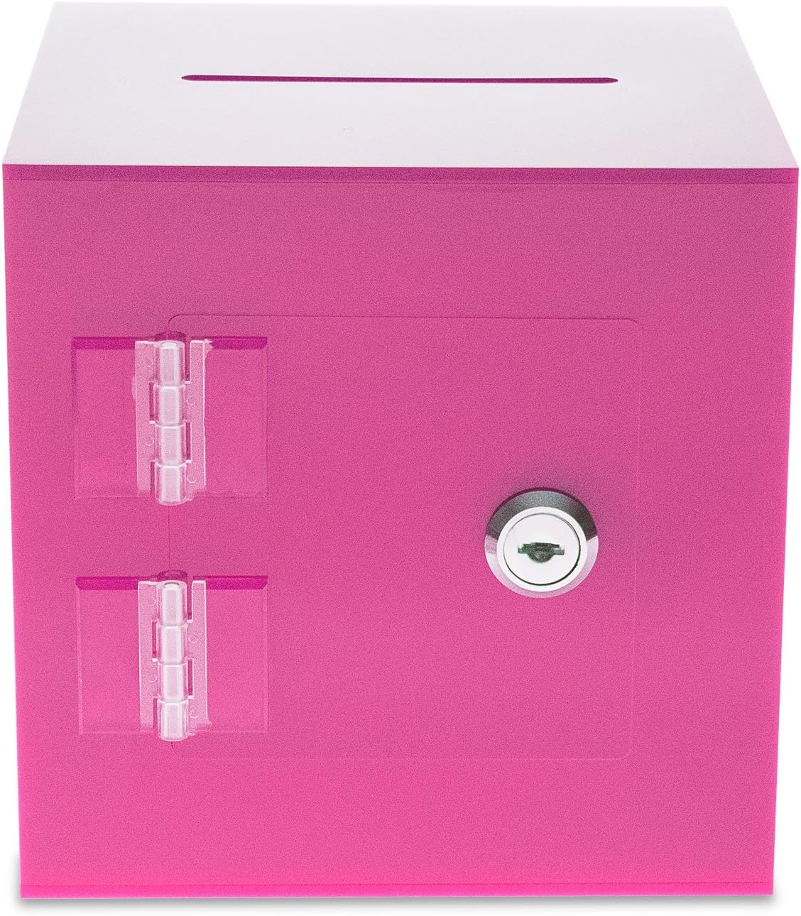 Source One Premium Acrylic Cube Donation Box with Deluxe Rear Open Door and Cam Lock Suggestion Box (8 Inch, Pink)
