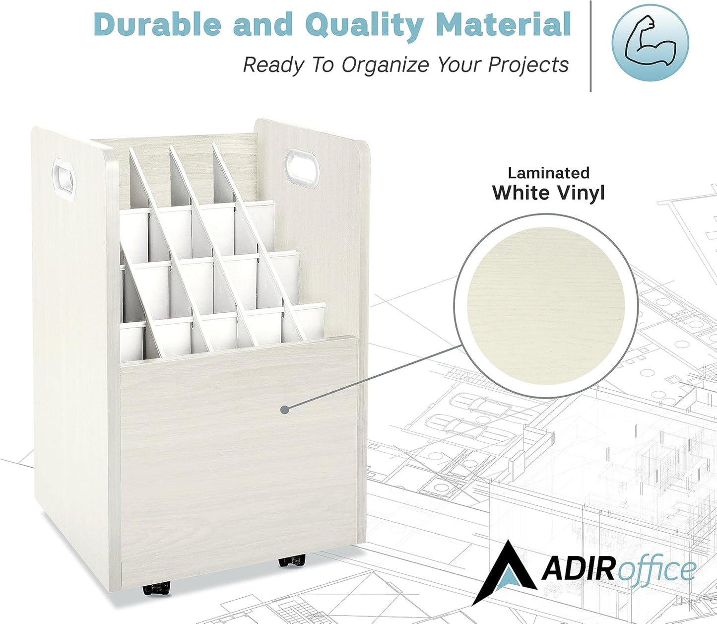 Adir Blue Print Storage Organizer - Mobile Roll File Cart, Construction Plan Holders, Blueprint Cabinet with Wheels, Roll Files Storage for Office and Home (20 Slots, White)