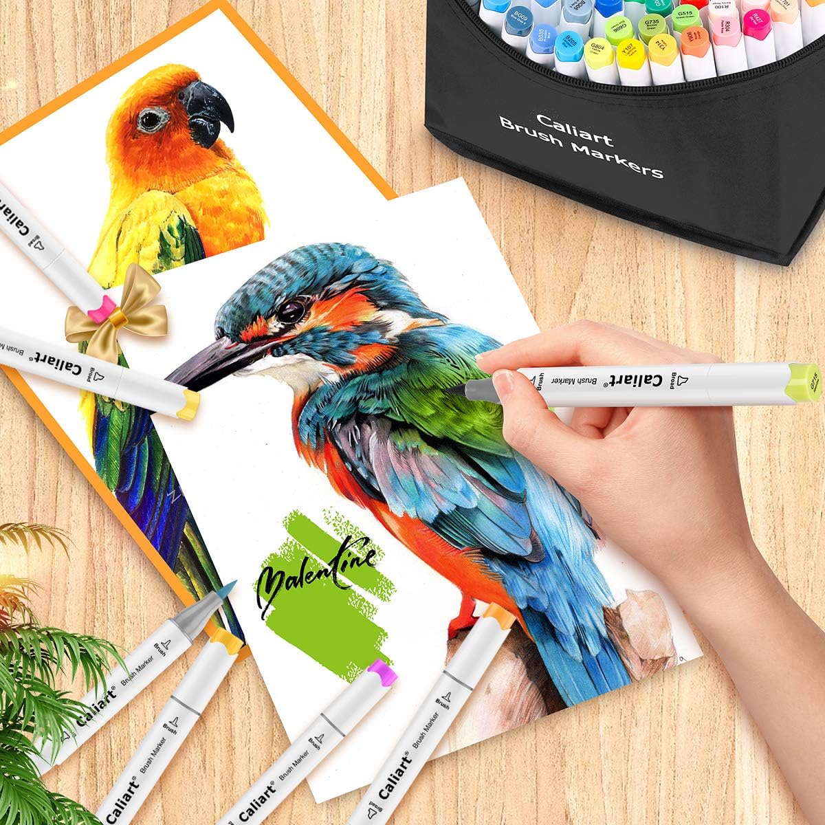 Caliart Markers Brush & Chisel, 101 Colors Alcohol Markers for Adult Coloring Book, Dual Tip Art Pen Set for Artist Illustration Sketch Drawing Gift