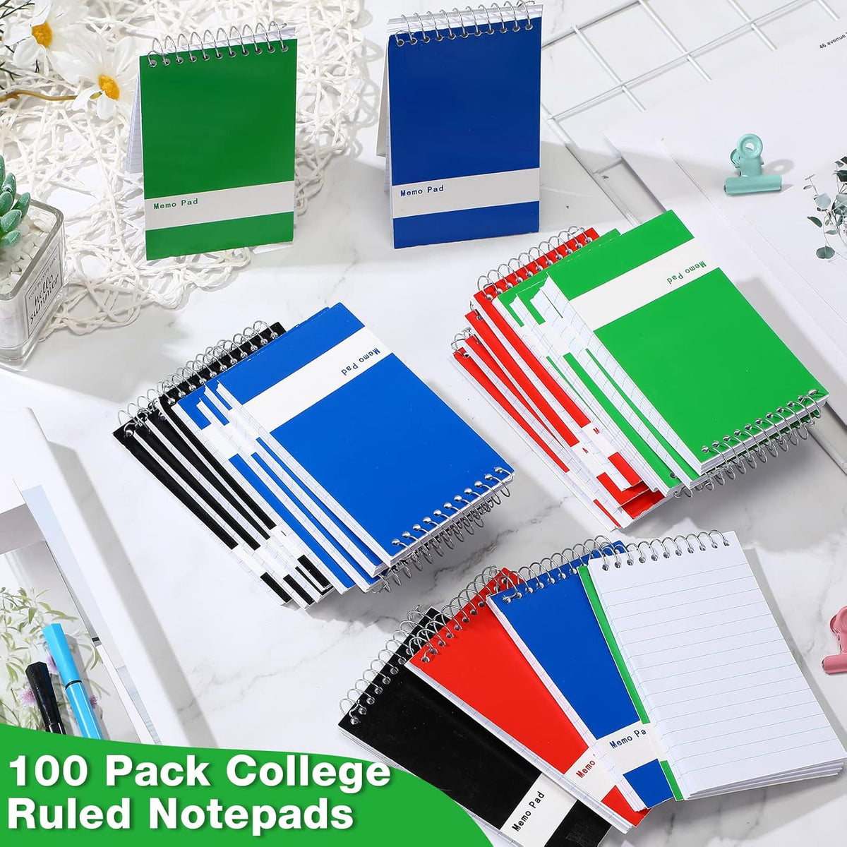 Thenshop 200 Pads Spiral Memo Pads Bulk 3 x 5 Inch Small Pocket Notepad Top Bound Lined 60 Sheets Mini Notebooks for School College Office Home Supplies (Black,Green,Dark Blue,Red)