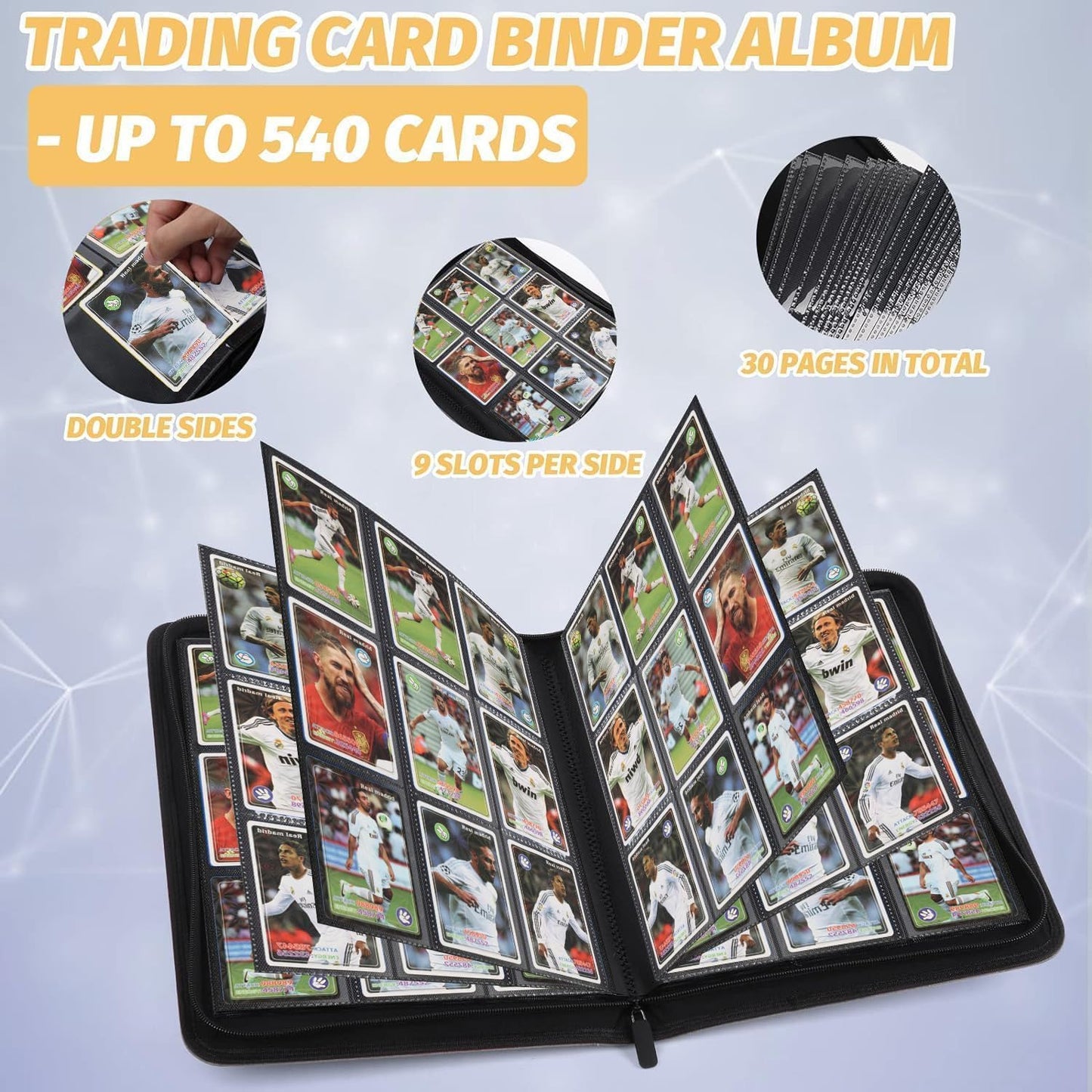 9 Pockets Card Binder,Premium Zip Trading Card Binder,540 Double Sided Pocket PU Collection Binder, Collector Album, Card Folder for MTG, TCG, Business Cards.(Black)