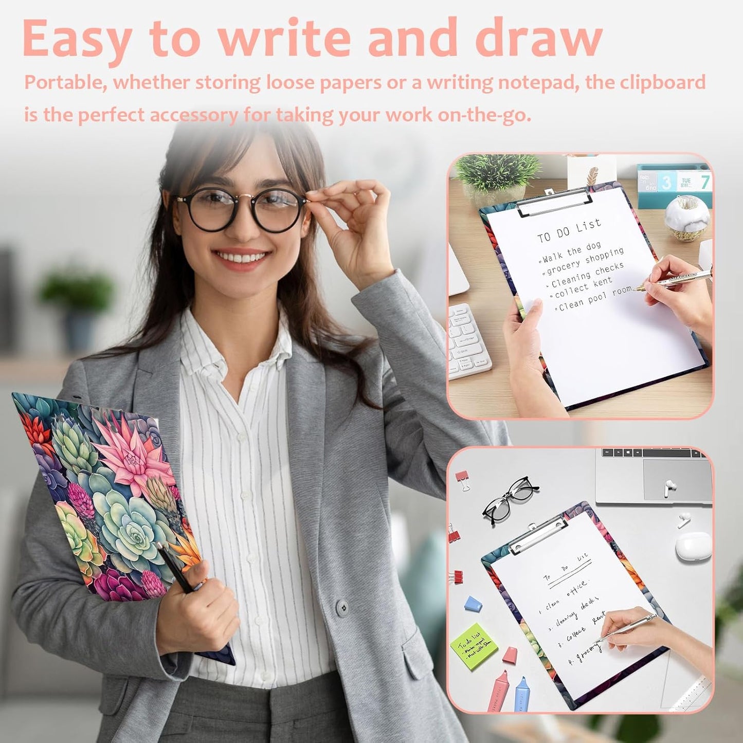 Cactus Succulent Plastic Clipboards,Cute Fashion Clipboard Decorative 8.5" x 12.5"Standard A4 Size Clipboards,Acrylic Clipboard for Teacher,Social Worker,Students,Nurse,Office Supplies