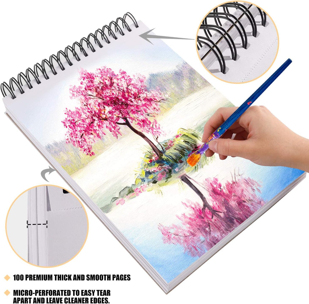 Bachmore Drawing Pad 5.5‘’X8.5''(98lb/160g) 100 Sheets Mixed Media, Watercolor, Acrylic Art Pad for Sketching, Ink Sketchbook, Coloring in Multi-Media Top Spiral Notebook, Micro-Perforated