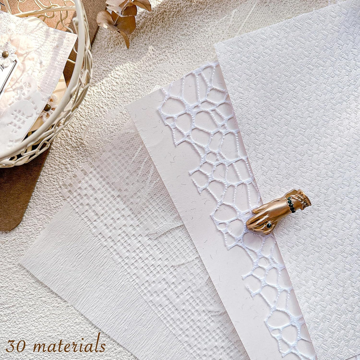 Aromoty 30 sheets Textured Scrapbook Paper&Mesh Fabric set - A4 Large Craft Mulberry Special Paper Mix for Scrapbooking White Junk Journal Supplies Card Materials Wedding Collage, 11.7x8.3 Inches
