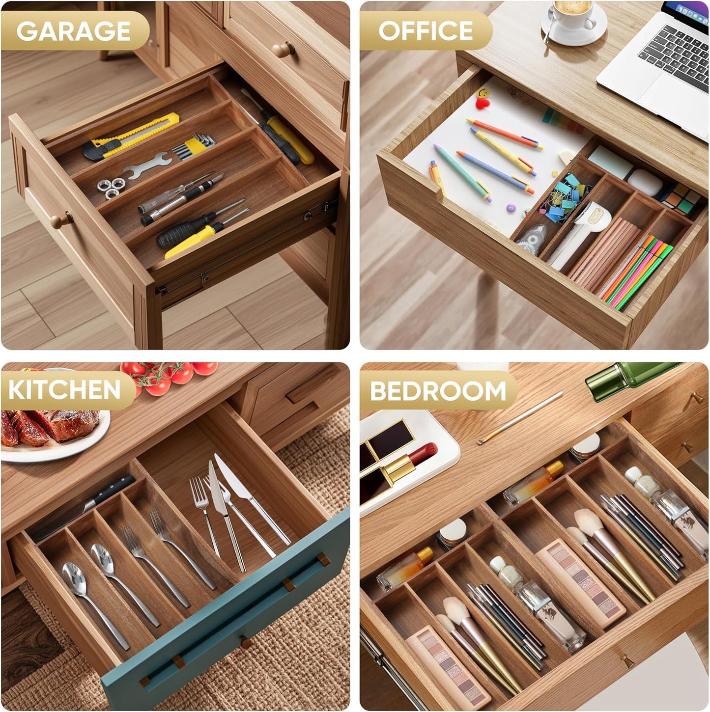 Silverware Organizer, 10 Inch Utensil Organizer Kitchen Drawer Organizer Acacia Silverware Holder Cutlery Tray Organizer in Drawer Flatware Organizer Tray(5 slots, Acacia)