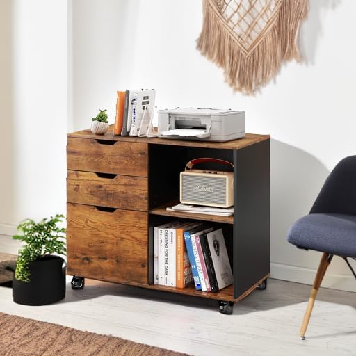 DEVAISE 3-Drawer Wood File Cabinet, Mobile Lateral Filing Cabinet, Printer Stand with Open Storage Shelves for Home Office, Rustic Brown