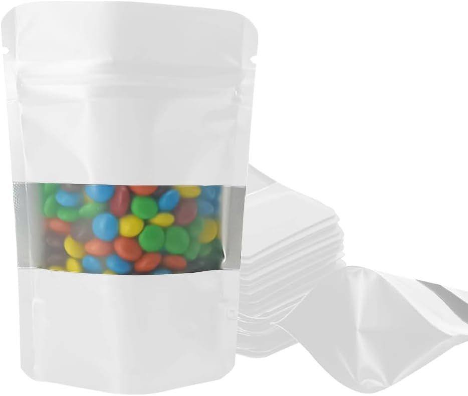 4CP 100 Pcs White Zipper Smell Proof Bags with Window, 7.0x10.5 Inch Stand Up Foil Pouches for Food Selfsealing Storage, Reusable Bag for Packaging Small Business, Cookies, Nunt, Candy
