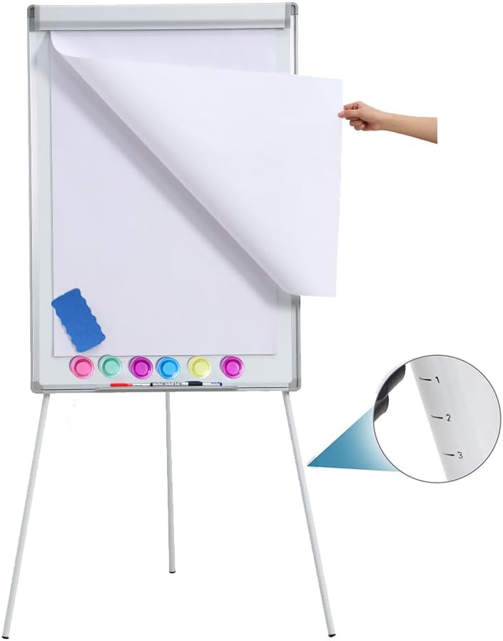 40"x28" Magnetic Dry Erase Board Easel - Tripod White Board with Stand, Includes Flip Chart Paper Pad, Magnets & Eraser, White Board Easel for Office Presentation, School, White Frame