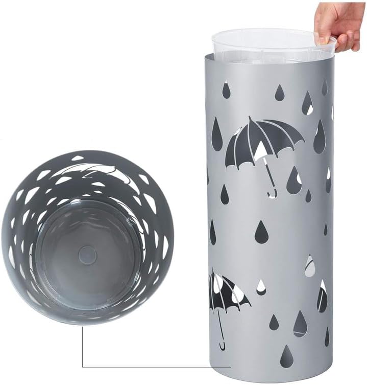 SONGMICS Umbrella Stand, Metal Umbrella Holder for Entryway, with Water Tray and 4 Hooks, 7.7 x 7.7 x 19.3 Inches, Round, Silver Grey ULUC23S
