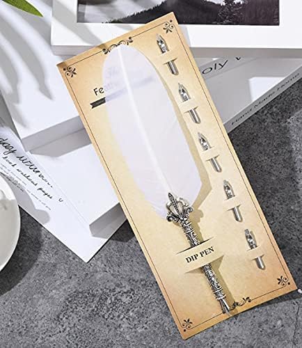 Gullor Calligraphy Feather Quill Pen and 5 Calligraphy Nibs for Beginners Kids Calligraphy Writing Quill Dip Pen Set, White