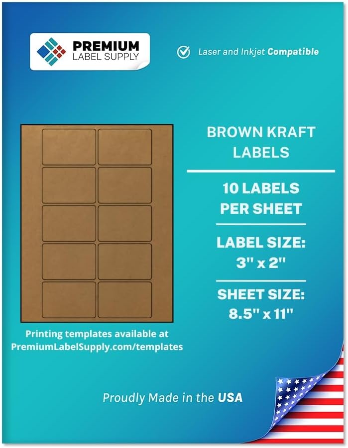 Premium Label Supply Brown Kraft Sticker Labels – 3" x 2" – Laser/Inkjet Compatible – (10 per Sheet), 1000 Sheets – 10,000 Total Adhesive Labels