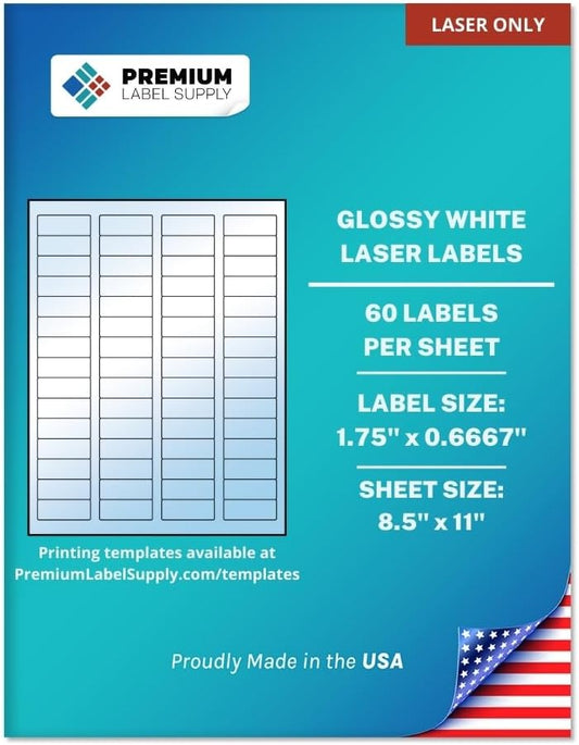 Premium Label Supply Glossy White Sticker Return Address Labels – 1.75" x 0.6667" – (60 per Sheet) (Glossy White for Laser Only, 1,500 Labels)