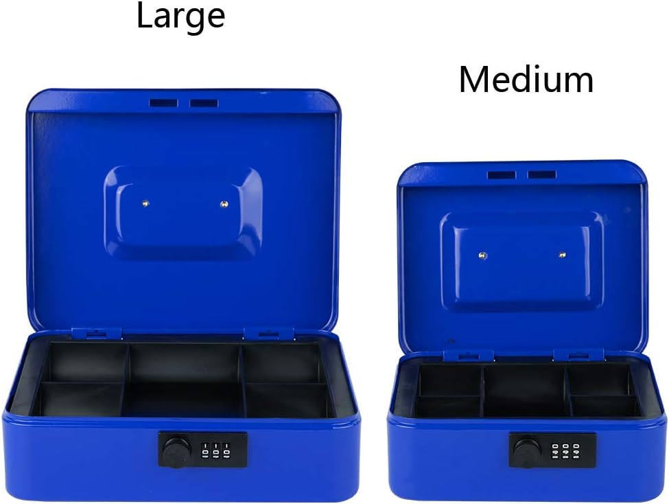 KYODOLED Large Cash Box with Combination Lock,Safe Metal Box for Money, Storage Lock Box with Money Tray,9.84"x 7.87"x 3.54" Blue Large