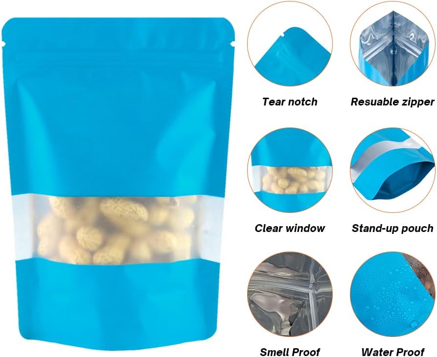 4CP 100 Pcs Blue Zipper Smell Proof Bags with Window, 7.0x10.5 Inch Stand Up Foil Pouches for Food Selfsealing Storage, Reusable Bag for Packaging Small Business, Cookies, Nunt, Candy