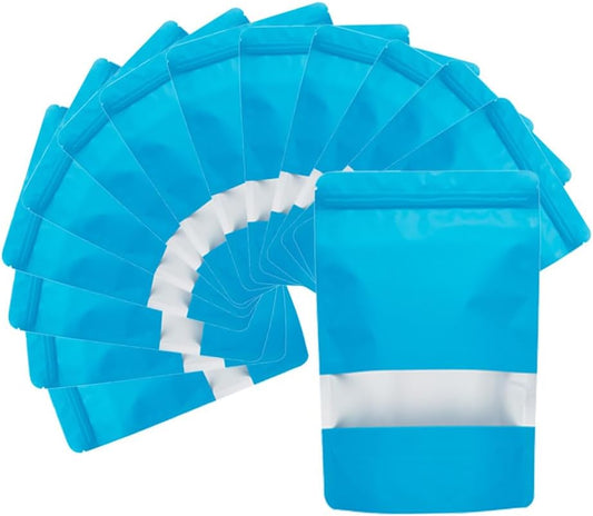 4CP 100 Pcs Blue Zipper Smell Proof Bags with Window, 4.7x7.9 Inch Stand Up Foil Pouches for Food Selfsealing Storage, Reusable Bag for Packaging Small Business, Cookies, Nunt, Candy