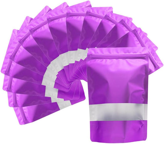 4CP 100 Pcs 4.0x6.0 Inch Zipper Smell Proof Bags with Window, Stand Up Foil Pouches for Food Selfsealing Storage, Reusable Bag for Packaging Small Business, Cookies, Nunt, Candy Purple
