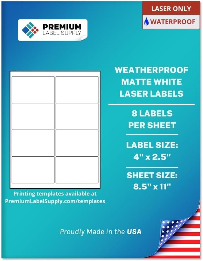 Premium Label Supply Waterproof White Address Sticker Labels – 4" x 2.5" – Laser Printers Only – (8 per Sheet), 500 Sheets - 4,000 Total Adhesive Labels