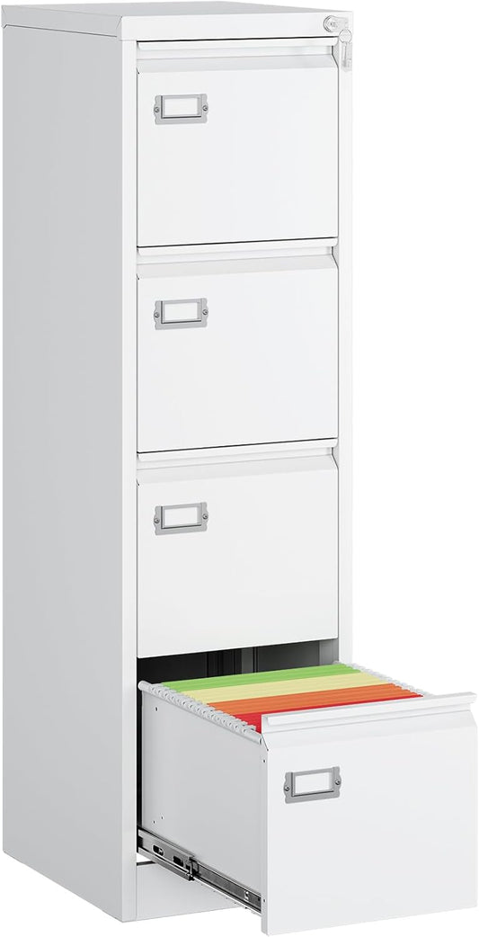 MIIIKO 4 Drawer File Cabinet, White Vertical Filing Cabinets with Lock, Home Office File Folders Storage Cabinet for Letter Legal A4 File Size