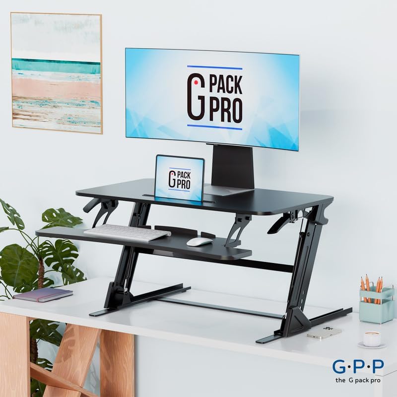 Standing Desk Converter – 36" Wide Stand Up Desk Riser – Quick Sit to Stand Tabletop Dual Monitor Workstation – Height Adjustable Up to 17.3" – Black
