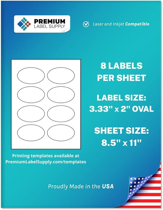 Premium Label Supply White Sticker Oval Labels – 3.33" x 2" Oval – Laser/Inkjet Compatible – (8 per Sheet), 500 Sheets – 4,000 Total Adhesive Labels