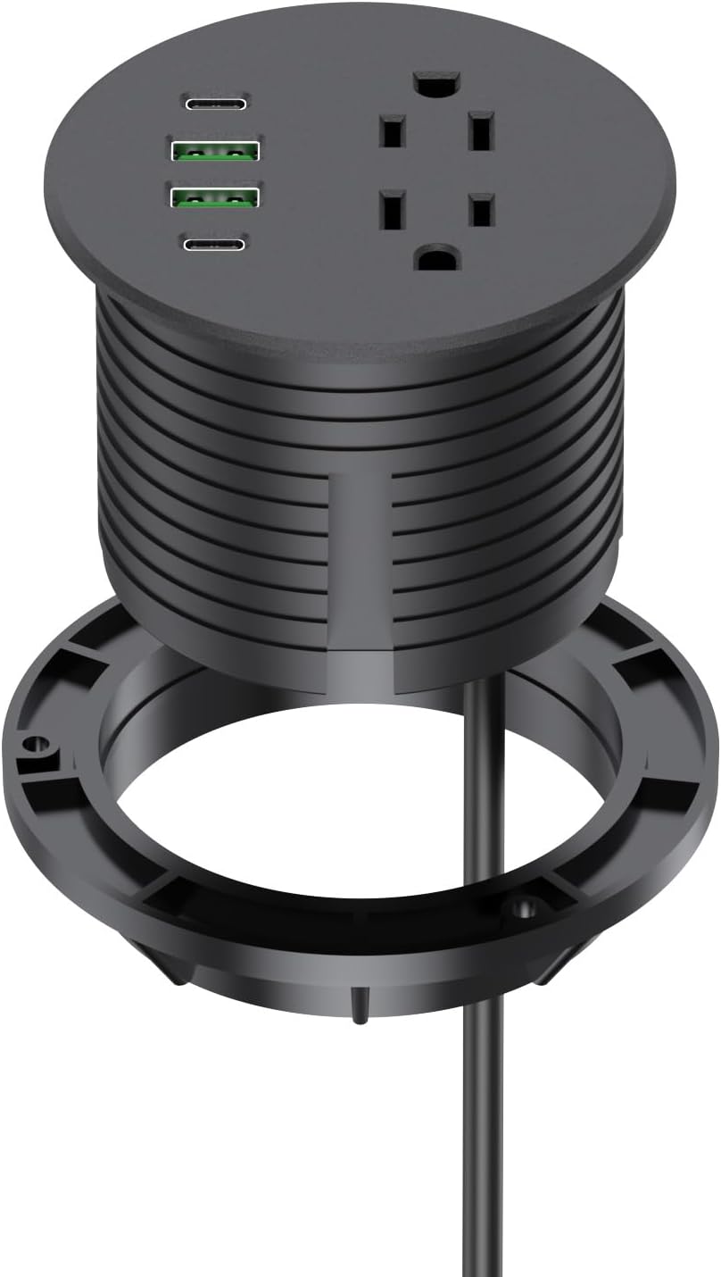 Recessed Power Grommet 3 inch With 65W USB C Ports 2 AC Outlets,Recessed Outlet Fast Charging Station,Desk Hole Grommet Outlets,Round Desktop Power Grommet Outlet for Office,Home (Black, 65W USB Port)
