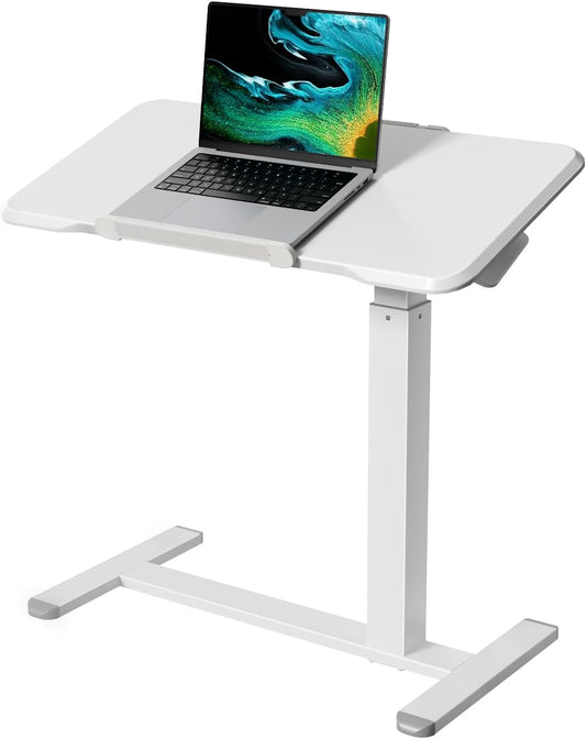 Rolling Laptop Desk, 180° Tiltable Mobile Standing Desk Height Adjustable, Overbed Bedside Table, Portable Computer Desk with Wheels, Foldable Laptop Cart for Home Office, White