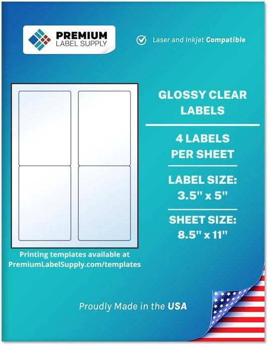 Premium Label Supply Glossy Clear Labels – 3.5" x 5" – Laser/Inkjet Compatible – (4 per Sheet), 10 Sheets – 40 Total Adhesive Labels