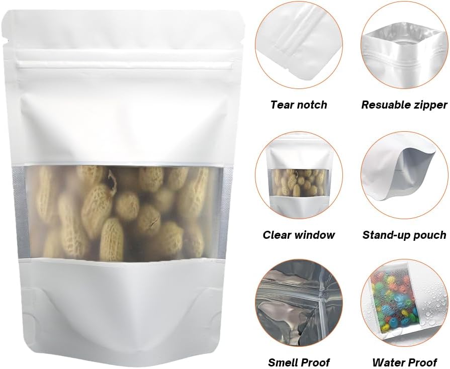 White Smell Proof Packaging Bags,Mylar Clear Bags for Food Storage,Sealable Bag for Packaging,Stand Up Pouches with Window,ReSealable Bag for Small Business,Cookies,Candy