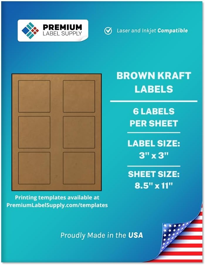 Premium Label Supply Brown Kraft Sticker Square Labels – 3" x 3" – Laser/Inkjet Compatible – (6 per Sheet), 500 Sheets – 3,000 Total Adhesive Labels