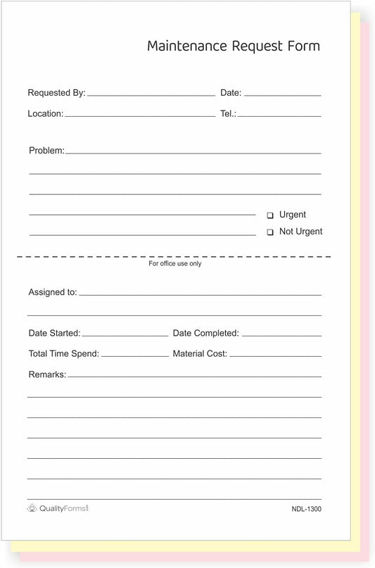 NextDayLabels - Maintenance Request Forms, 3 Part NCR Carbonless, 5-1/2" x 8-1/2" - 100 Sets - Made in The USA