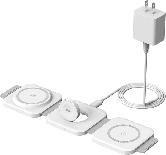 Wireless Charging Station for Apple Multiple Devices - 3 in 1 Foldable Magnetic Wireless Charger - Travel Charging Pad for iPhone 16 15 14 13 12 Pro Max Plus Watch & AirPods (White)