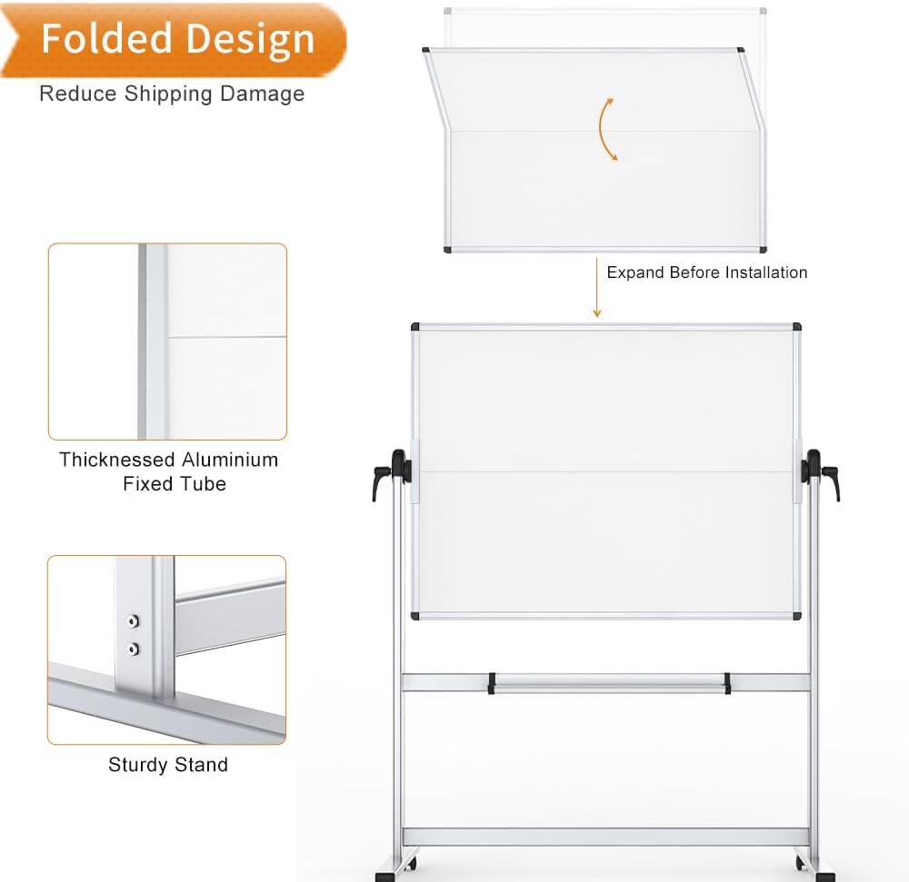 VIZ-PRO Double-Sided Mobile Whiteboard, 48 x 48 Inches, Magnetic Rolling Dry Erase White Board on Wheels with Aluminium Frame and Stand 4' x 4'