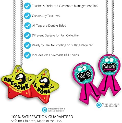 Brag Tags Fun Critters & Monsters Increase Attendance Incentives Value Pack: 500 Multicolor, Waterproof Teslin Brag Tags (50 Per Design) + 150 Hypoallergenic, USA-Made, 24" Aluminum Safety Chains