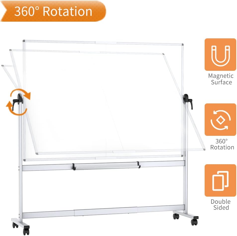 VIZ-PRO Double-Sided Mobile Whiteboard, 72 x 48 Inches, Magnetic Rolling Dry Erase White Board on Wheels with Aluminium Frame and Stand 6' x 4'