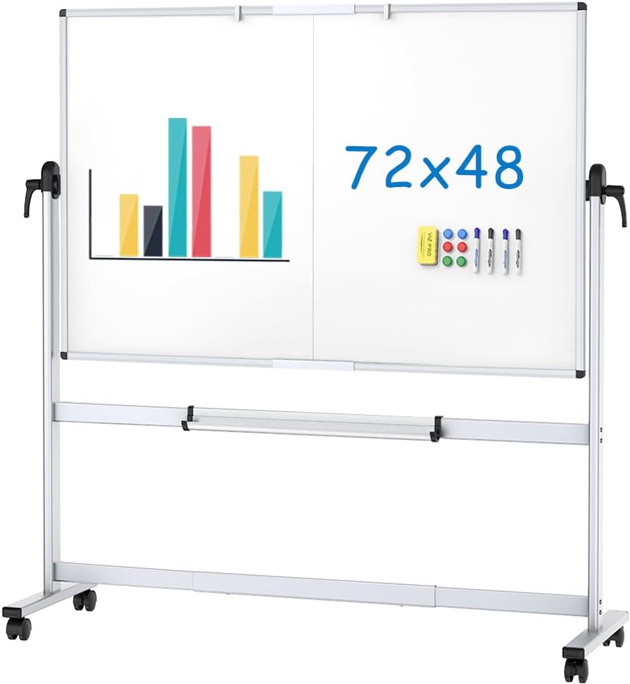 VIZ-PRO Double-Sided Mobile Whiteboard, 72 x 48 Inches, Magnetic Rolling Dry Erase White Board on Wheels with Aluminium Frame and Stand 6' x 4'