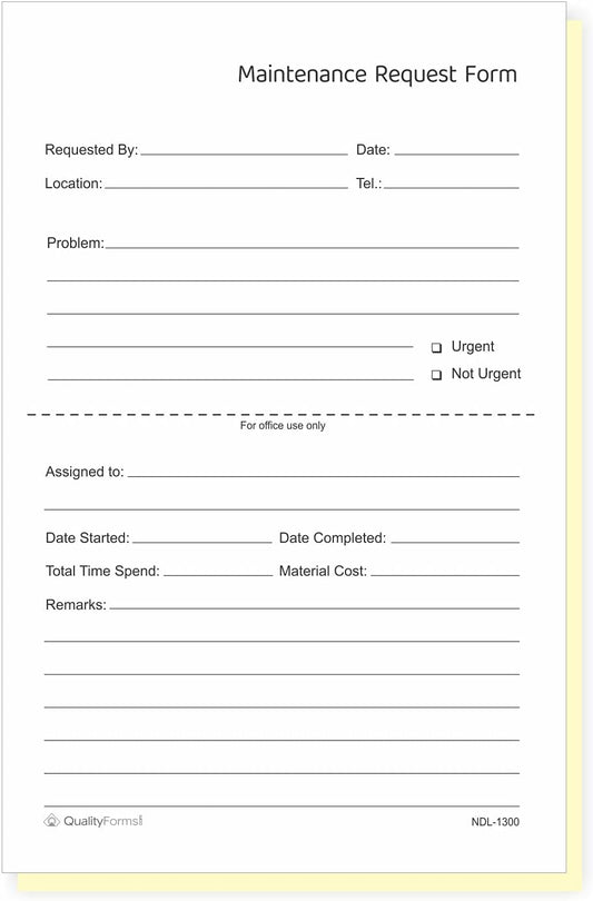 NextDayLabels - Maintenance Request Forms, 2 Part NCR Carbonless, 5-1/2" x 8-1/2" - 100 Sets - Made in The USA