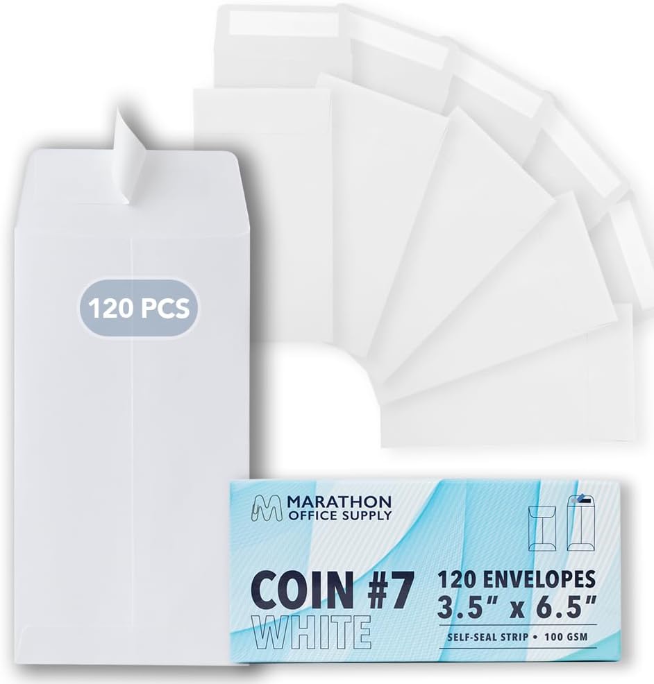 MOS #7 White Coin Envelopes 3.5 x 6.5 Inch 120 Pack — Self-Seal Money Envelopes for Cash, Budgeting, Savings Challenges, Seed Storage, Small Parts