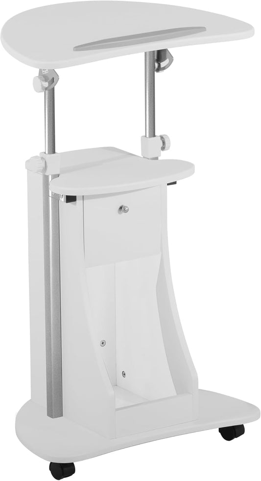 Techni Mobili Adjustable Height Rolling Laptop Cart with Storage, Sit to Stand Desk with Wheels, Podium Stand or Medical Cart, White