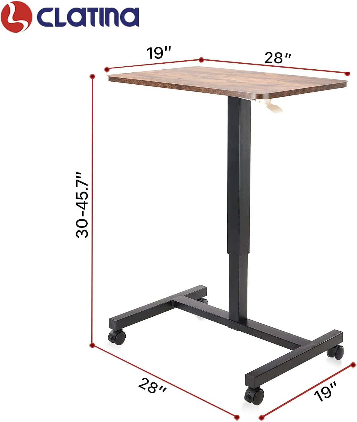 CLATINA Mobile Laptop Desk Pneumatic Sit to Stand Table Height Adjustable Rolling Cart with Lockable Wheels for Home Office Computer Workstation 28" x 19" Brown Round Edge Design Elegant
