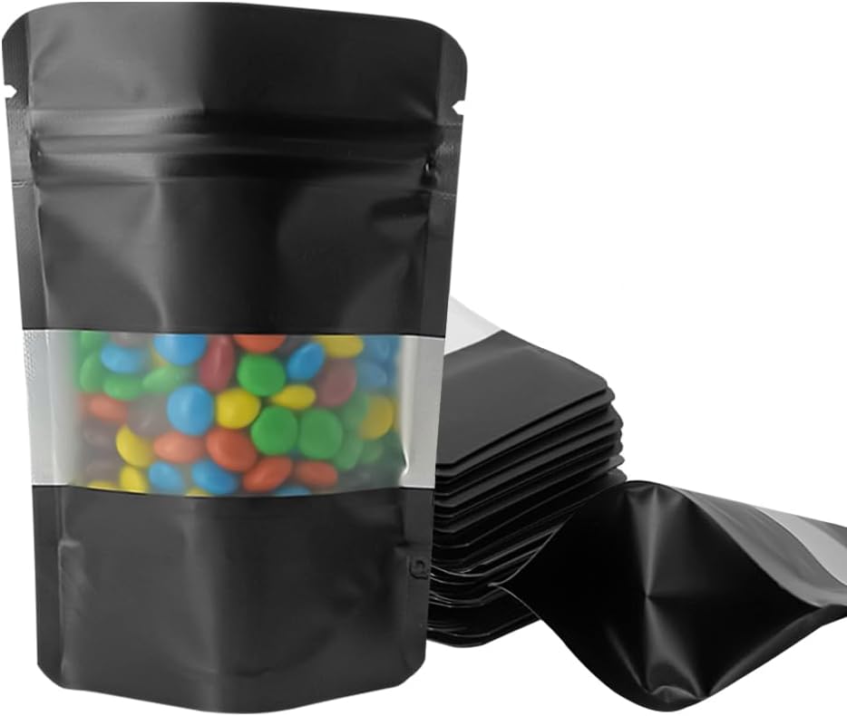 4CP 100 Pcs 4x6 Inch Zipper Smell Proof Bags with Window, Black Stand Up Foil Pouches for Food Selfsealing Storage, Reusable Bag for Packaging Small Business, Cookies, Nunt, Candy