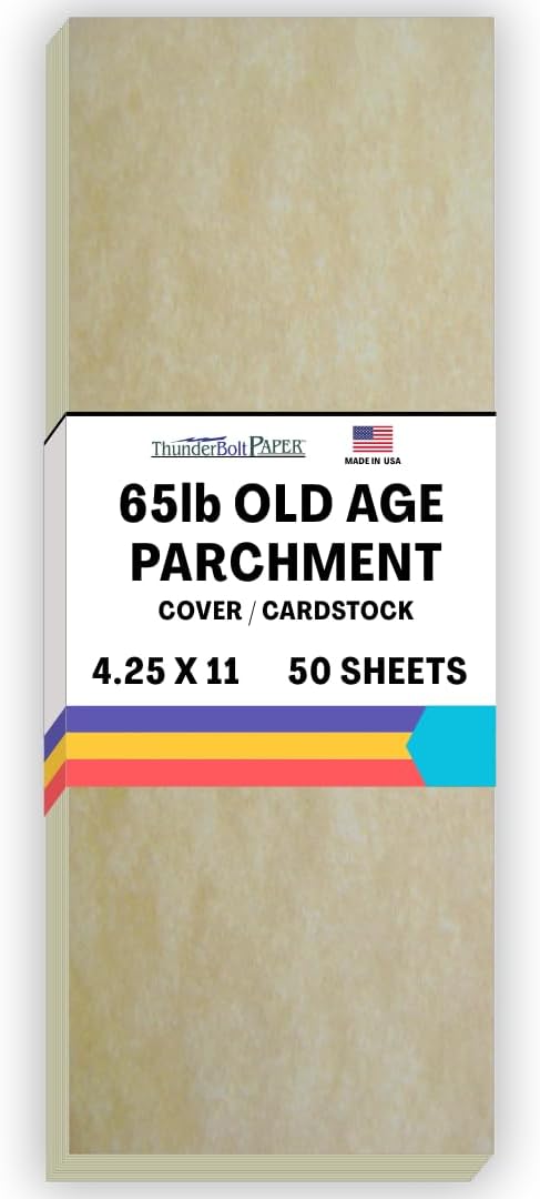 50 Old Age Parchment 65lb Cover Paper Sheets 4.25 X 11 Inches Half Letter Size Cut Long - Cardstock Weight Colored Sheets - Printable Parchment Semblance by The Pulp Process