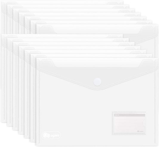 ABSOFINE 25 Pack Transparent Plastic Envelope Folders, A4 Letter Size, 100% Clear, Hook & Loop Closure, Label Pocket, Easy Storage