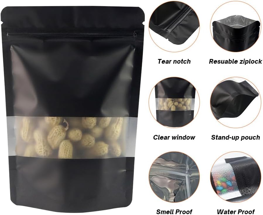 4CP 100 Pcs Black Zipper Smell Proof Bags with Window, 6.3x9.5 Inch Stand Up Foil Pouches for Food Selfsealing Storage, Reusable Bag for Packaging Small Business, Cookies, Nunt, Candy