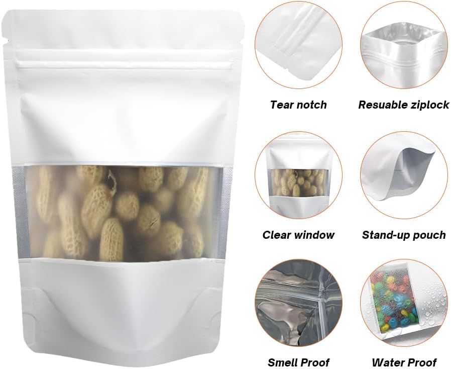 4CP 100 Pcs 3.5x5.0 Inch Zipper Smell Proof Bags with Window, Stand Up Foil Pouches for Food Selfsealing Storage, Reusable Bag for Packaging Small Business, Cookies, Nunt, Candy White