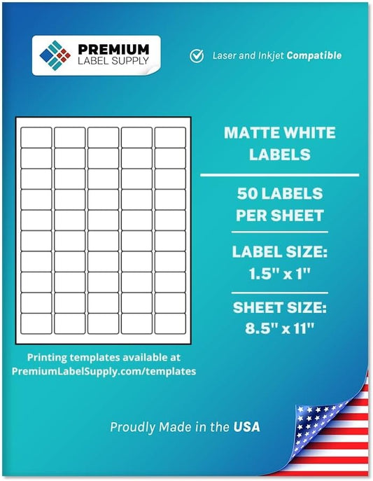 Premium Label Supply White Sticker Barcode Labels – 1.5" x 1" – Laser/Inkjet Compatible – (50 per Sheet), 500 Sheets – 25,000 Total Adhesive Labels
