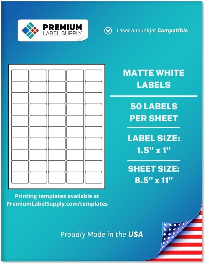 Premium Label Supply White Sticker Barcode Labels – 1.5" x 1" – Laser/Inkjet Compatible – (50 per Sheet), 100 Sheets – 5000 Total Adhesive Labels