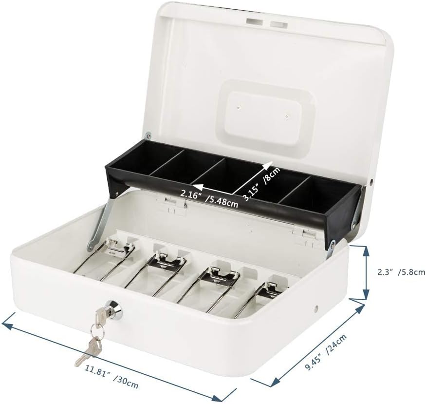 KYODOLED Locking Cash Box with Lock,Money Box with Cash Tray,Lock Safe Box with Key,Money Saving Organizer,11.81Lx 9.45Wx 3.54H Inches,White XL Large