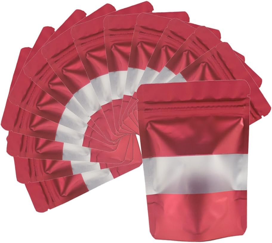 4CP 100 Pcs Red Zipper Smell Proof Bags with Window, 5.5x7.9 Inch Stand Up Foil Pouches for Food Selfsealing Storage, Reusable Bag for Packaging Small Business, Cookies, Nunt, Candy