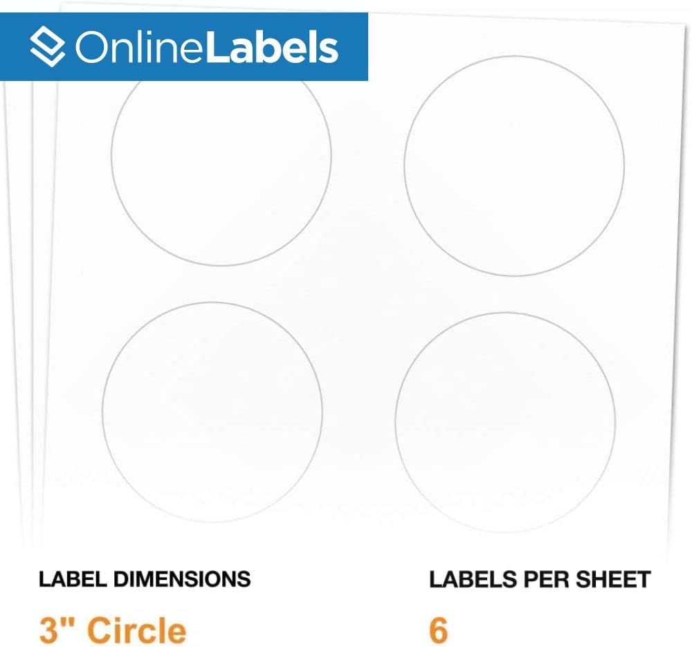OnlineLabels 3" Round Labels – Permanent Adhesive, White Matte – Great for Organization, Product Labeling, Jar Lids - for Inkjet & Laser Printers – Pack of 1,500 Labels, 250 Sheets OL2279WX